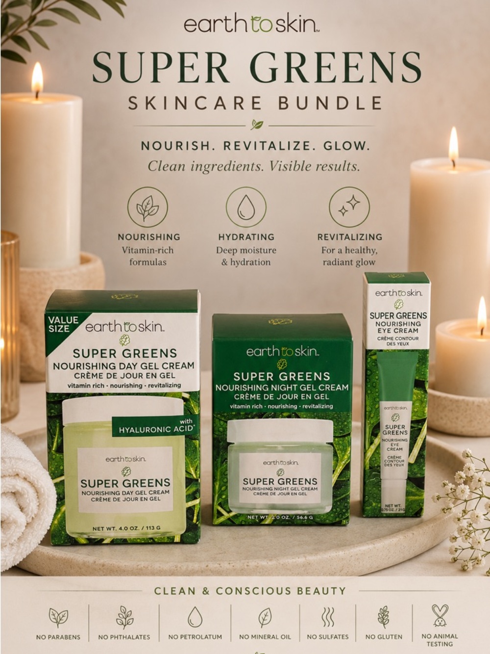 Earth to Skin Super Greens Skincare – Day Cream, Night Cream & Eye Cream Set NIB